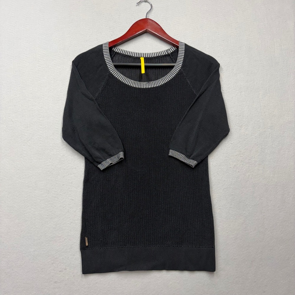 Lole Sweater Women Small Black 3/4 Sleeve Striped Trim Scoop Neck Knit Pullover